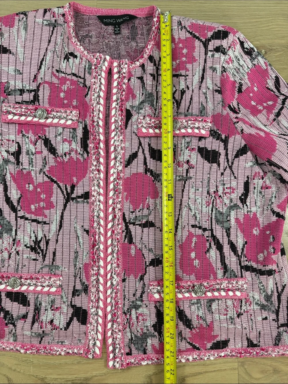 Ming Wang Fuchsia Pink Floral Knit Jacket Textured Blazer Cardigan L